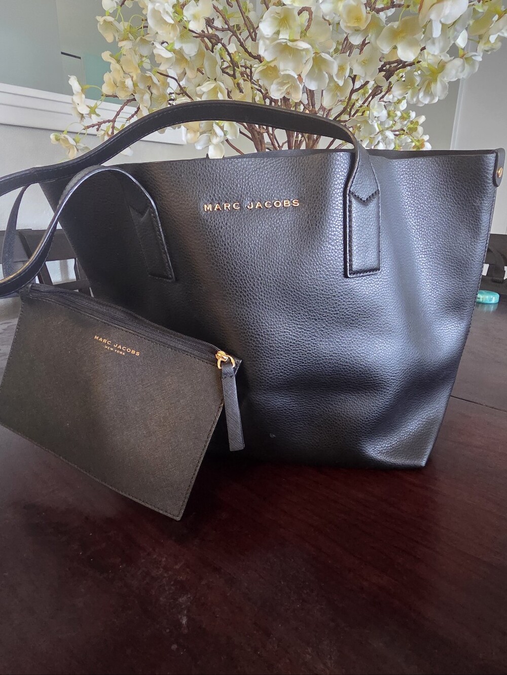 Marc Jacobs Black Pebbled Leather Tote with Matching Black Pouch